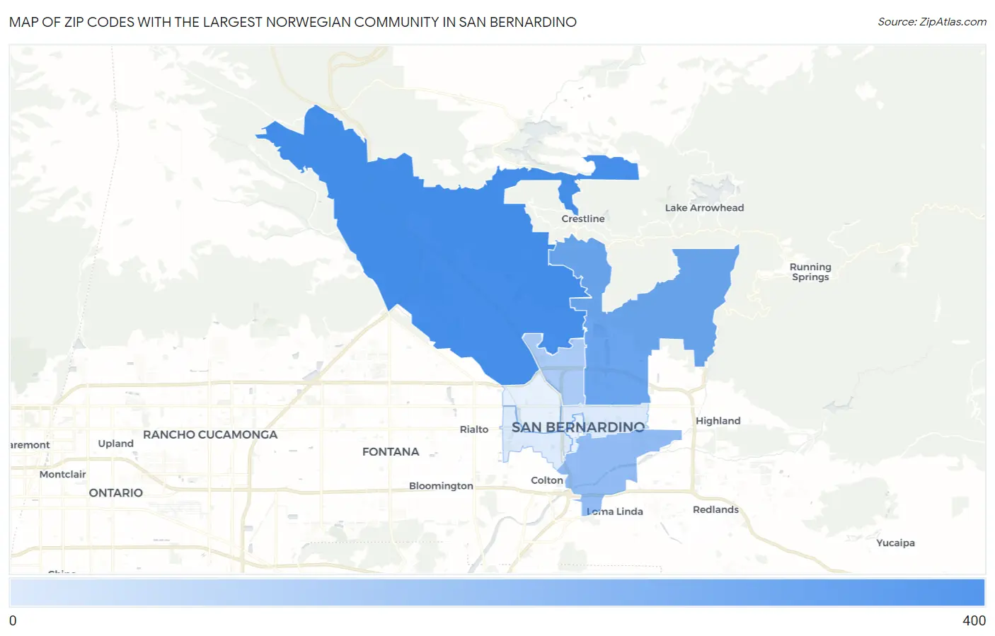 Zip Codes with the Largest Norwegian Community in San Bernardino Map