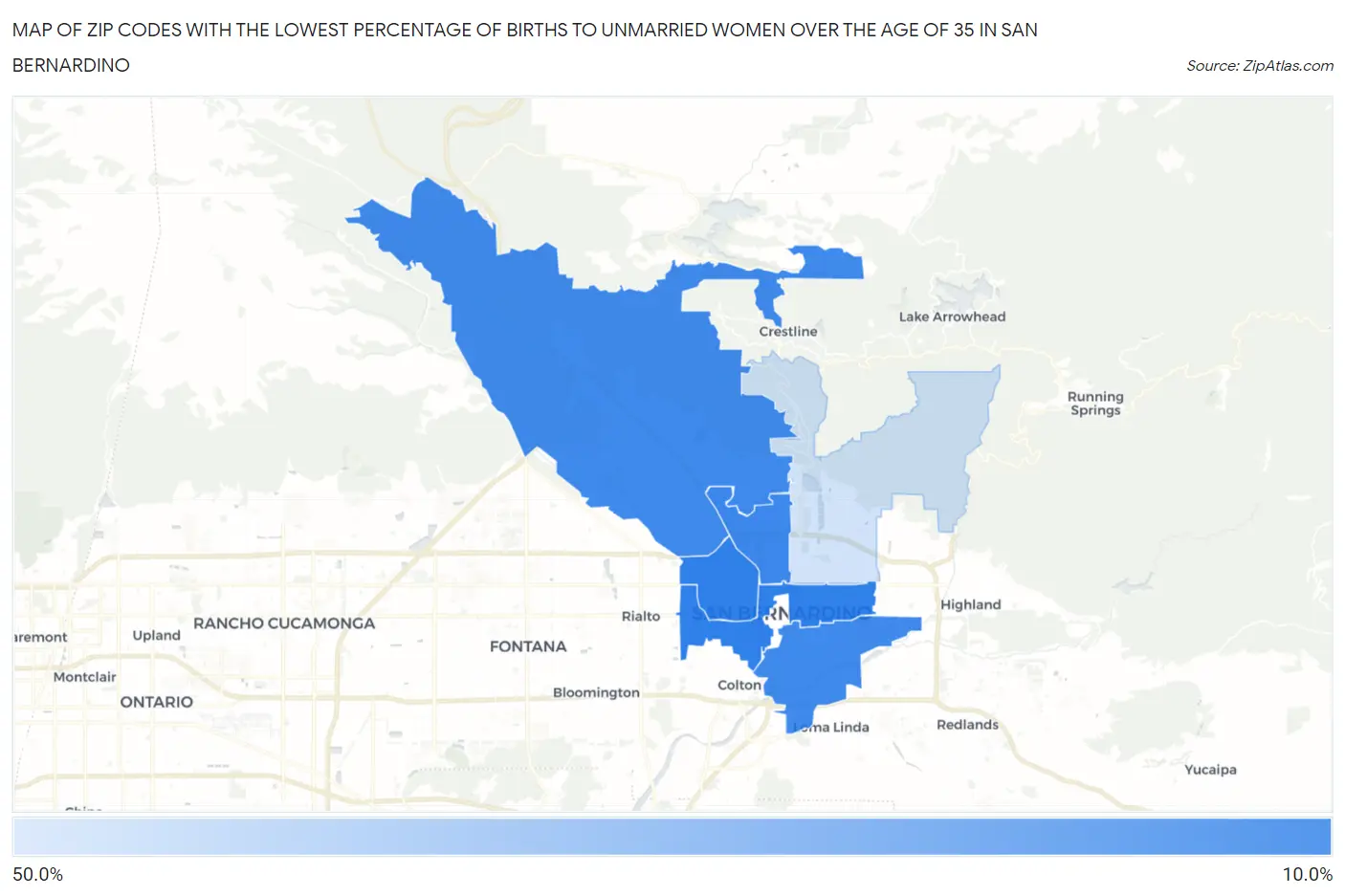 Zip Codes with the Lowest Percentage of Births to Unmarried Women over the Age of 35 in San Bernardino Map