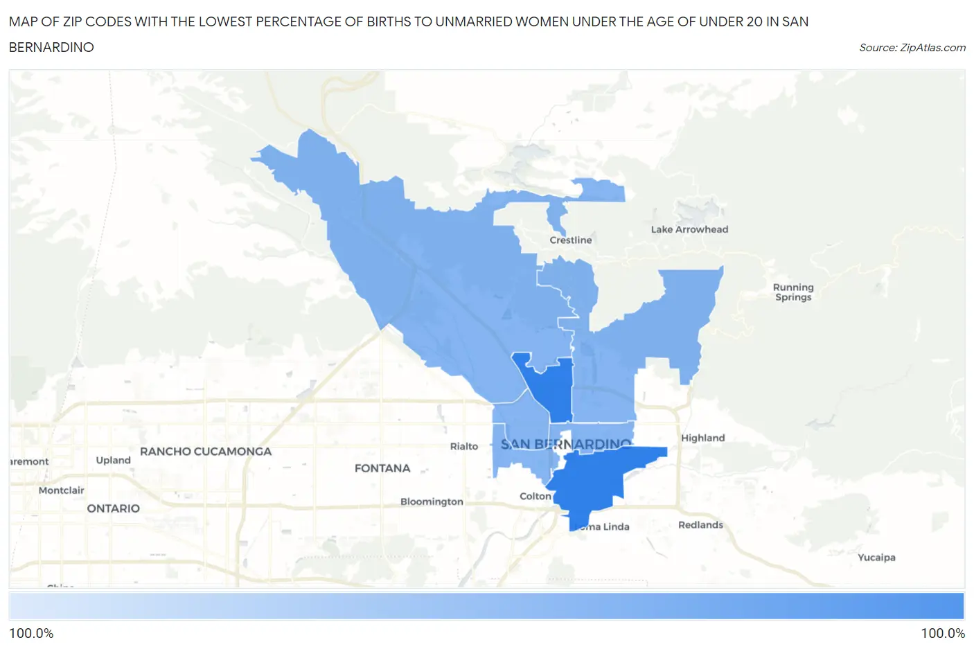 Zip Codes with the Lowest Percentage of Births to Unmarried Women under the Age of under 20 in San Bernardino Map