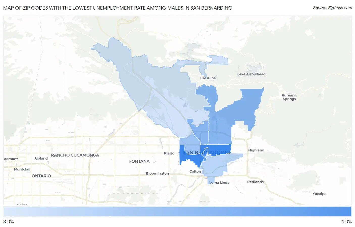 Zip Codes with the Lowest Unemployment Rate Among Males in San Bernardino Map