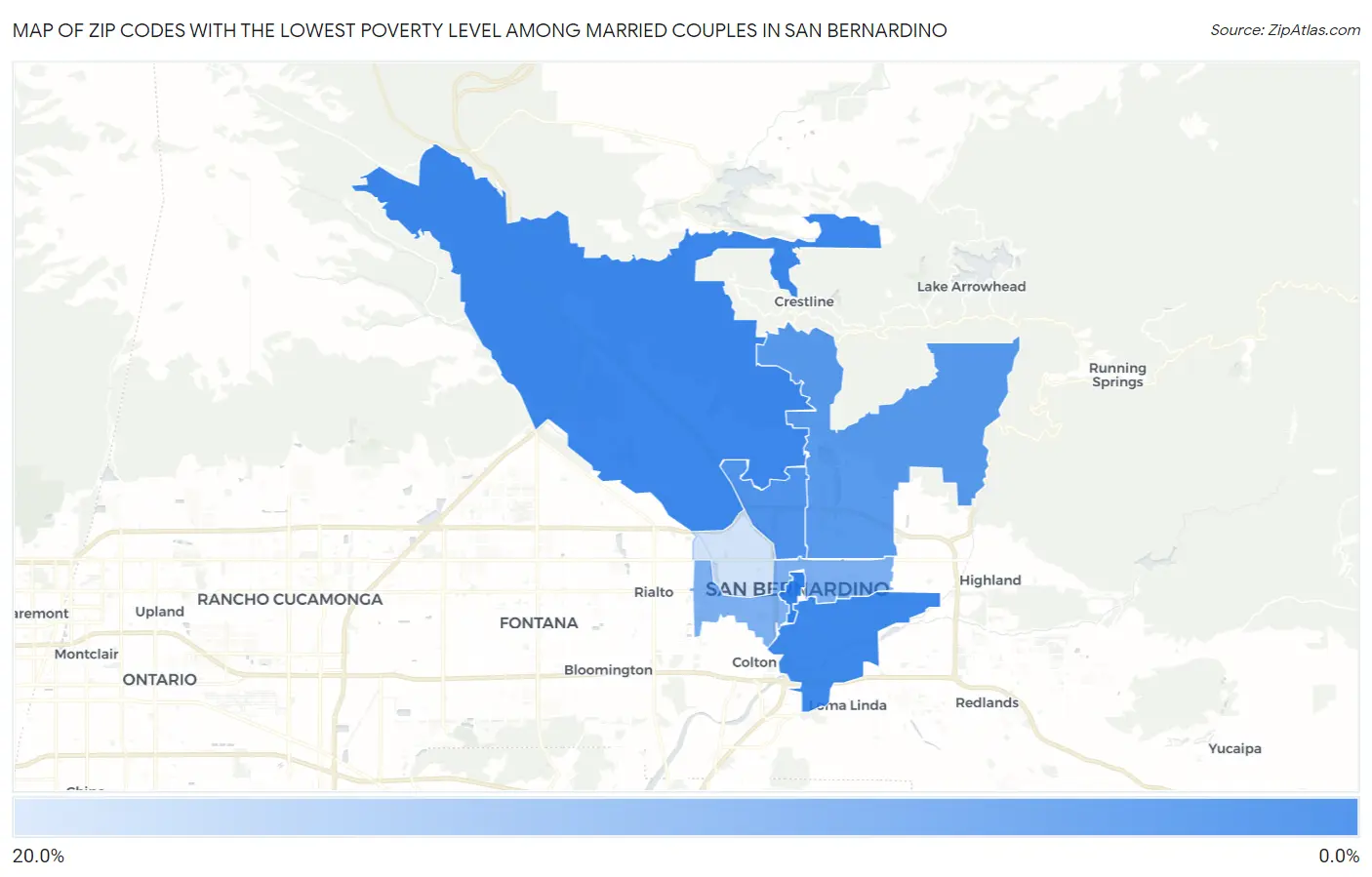 Zip Codes with the Lowest Poverty Level Among Married Couples in San Bernardino Map