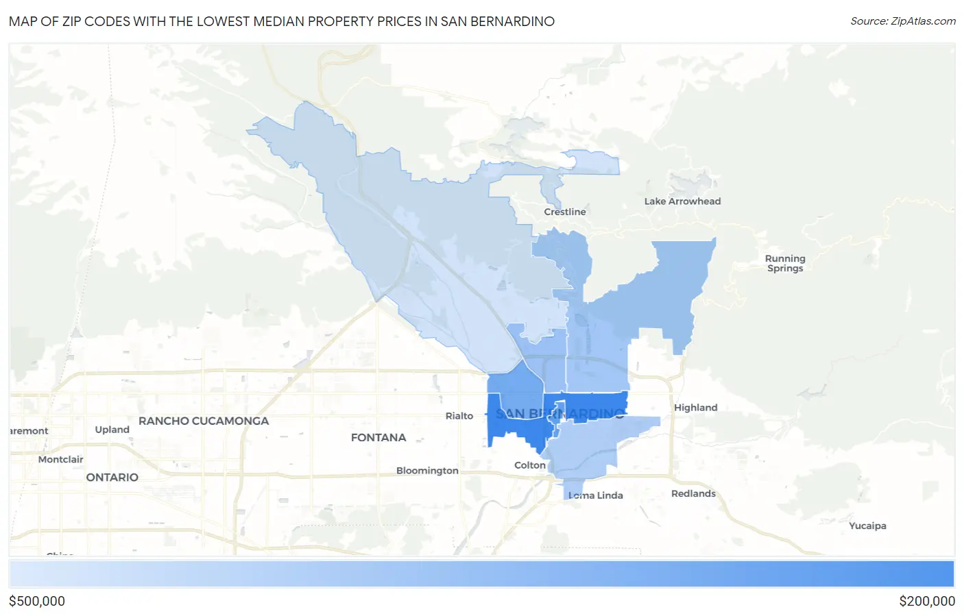 Zip Codes with the Lowest Median Property Prices in San Bernardino Map