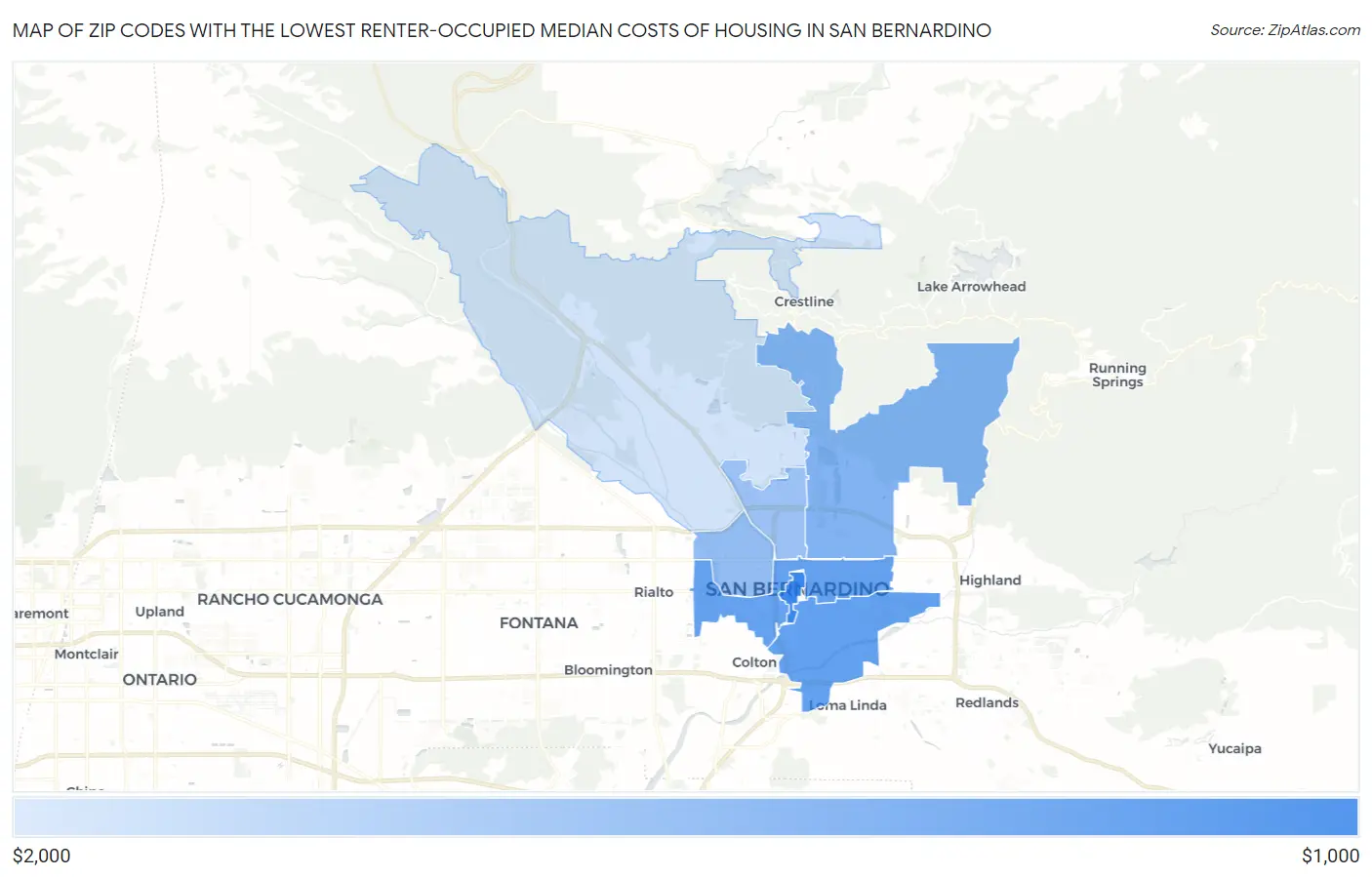 Zip Codes with the Lowest Renter-Occupied Median Costs of Housing in San Bernardino Map