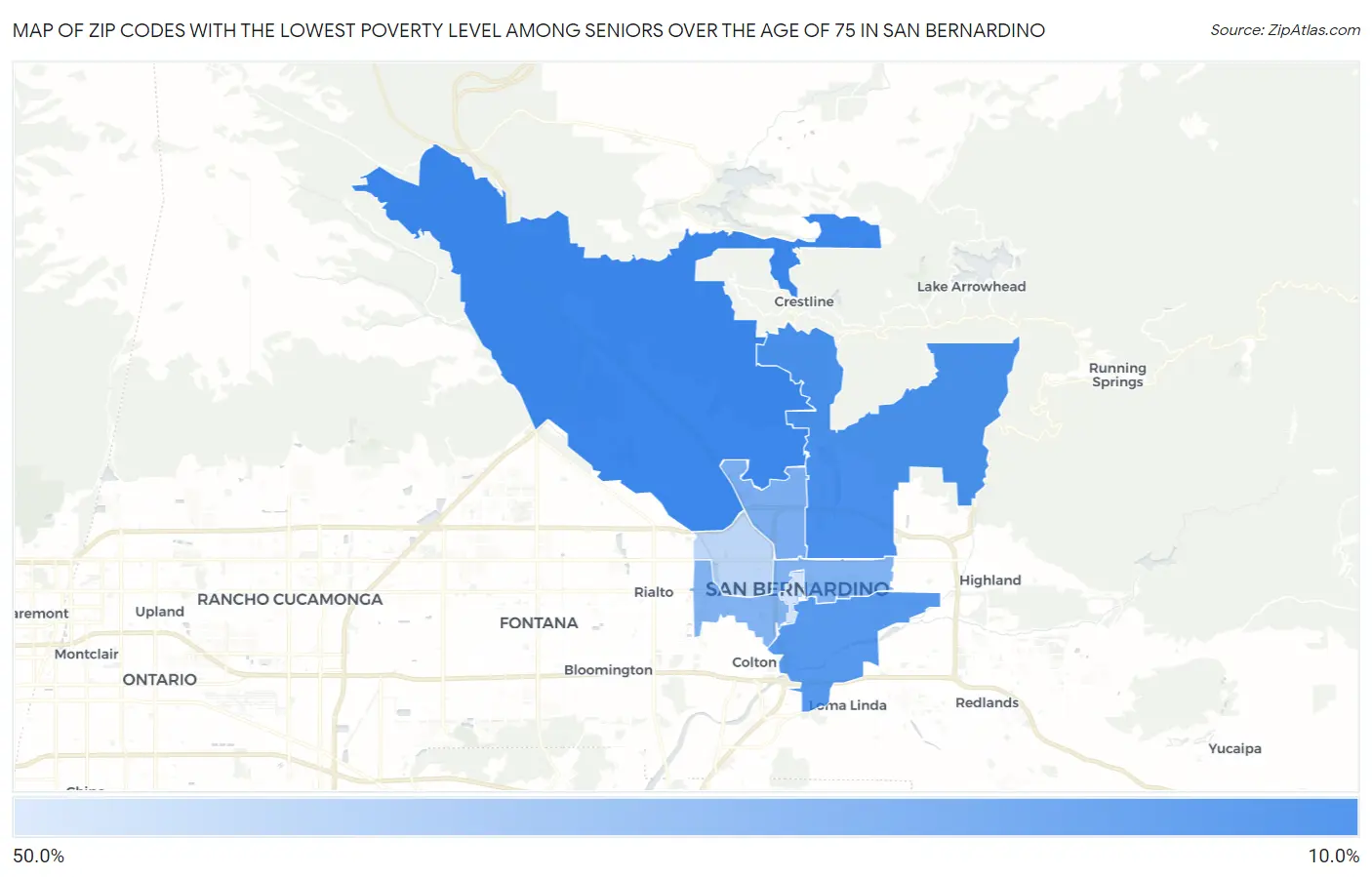 Zip Codes with the Lowest Poverty Level Among Seniors Over the Age of 75 in San Bernardino Map