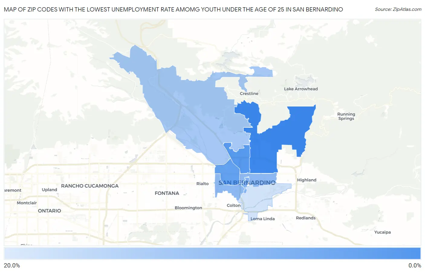 Zip Codes with the Lowest Unemployment Rate Amomg Youth Under the Age of 25 in San Bernardino Map