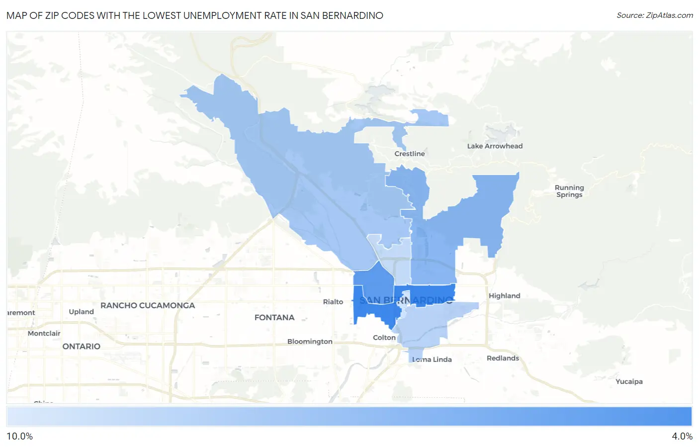 Zip Codes with the Lowest Unemployment Rate in San Bernardino Map