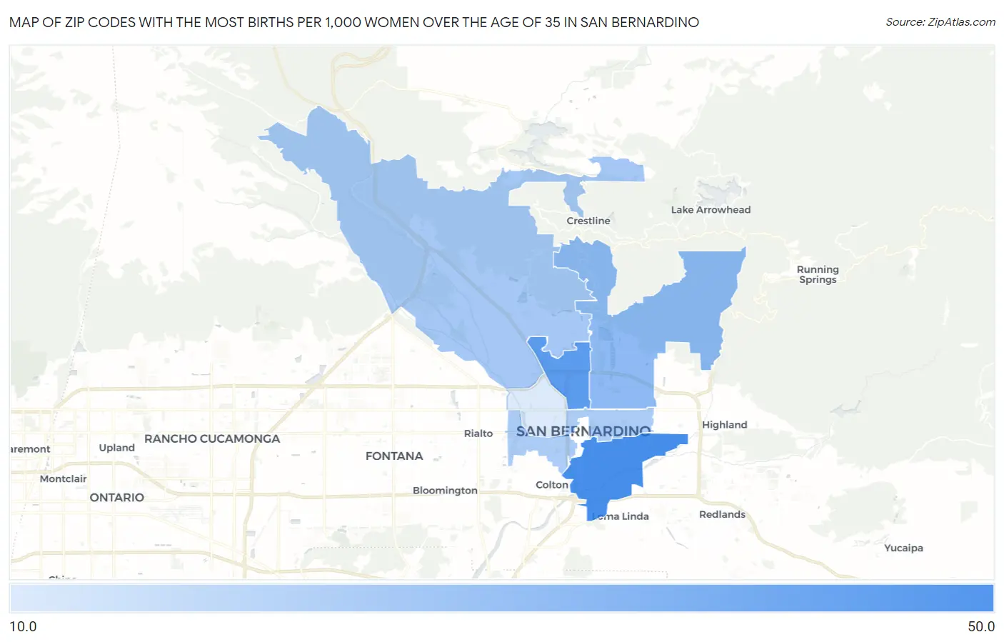 Zip Codes with the Most Births per 1,000 Women Over the Age of 35 in San Bernardino Map