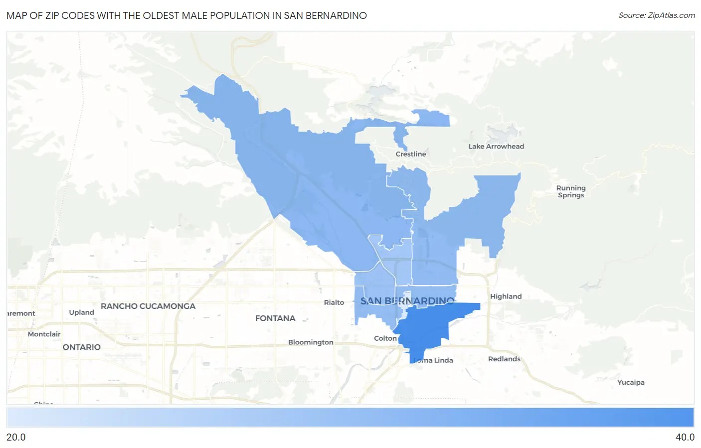 Zip Codes with the Oldest Male Population in San Bernardino Map