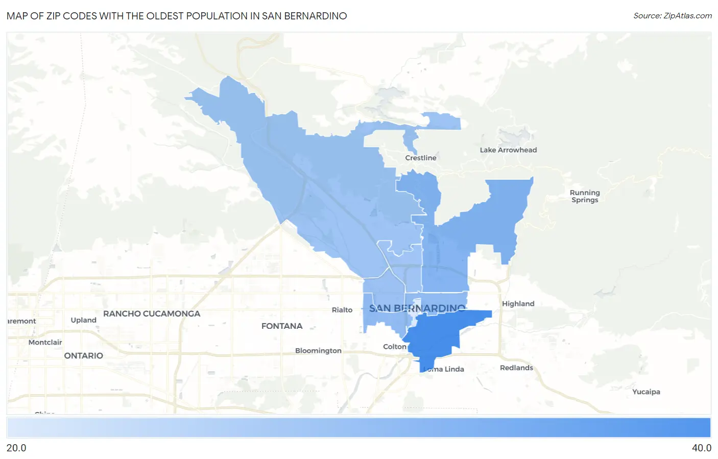 Zip Codes with the Oldest Population in San Bernardino Map