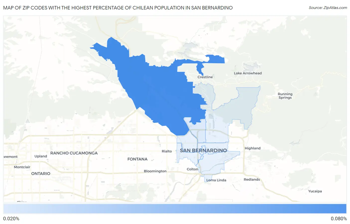 Zip Codes with the Highest Percentage of Chilean Population in San Bernardino Map