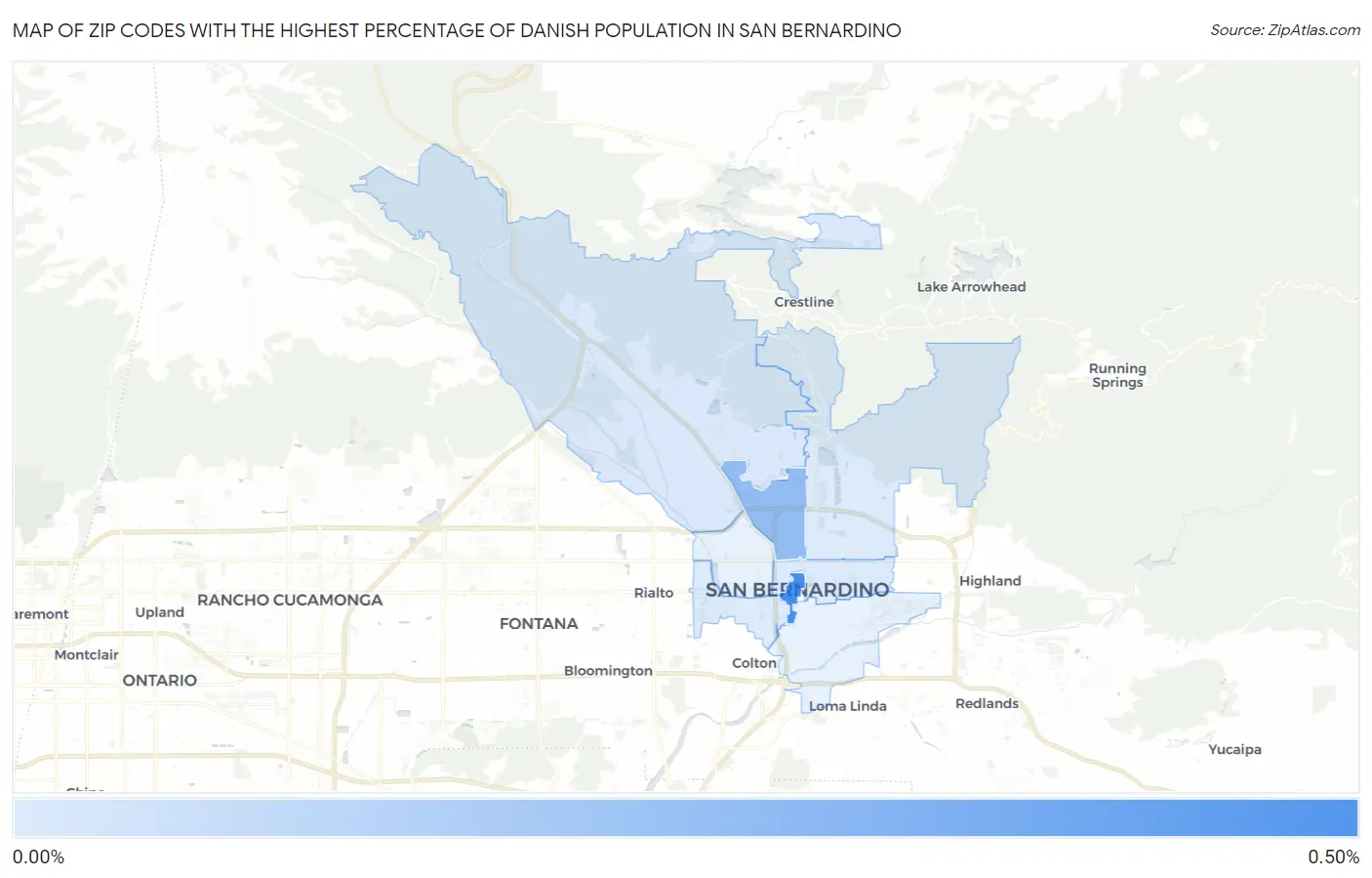Zip Codes with the Highest Percentage of Danish Population in San Bernardino Map