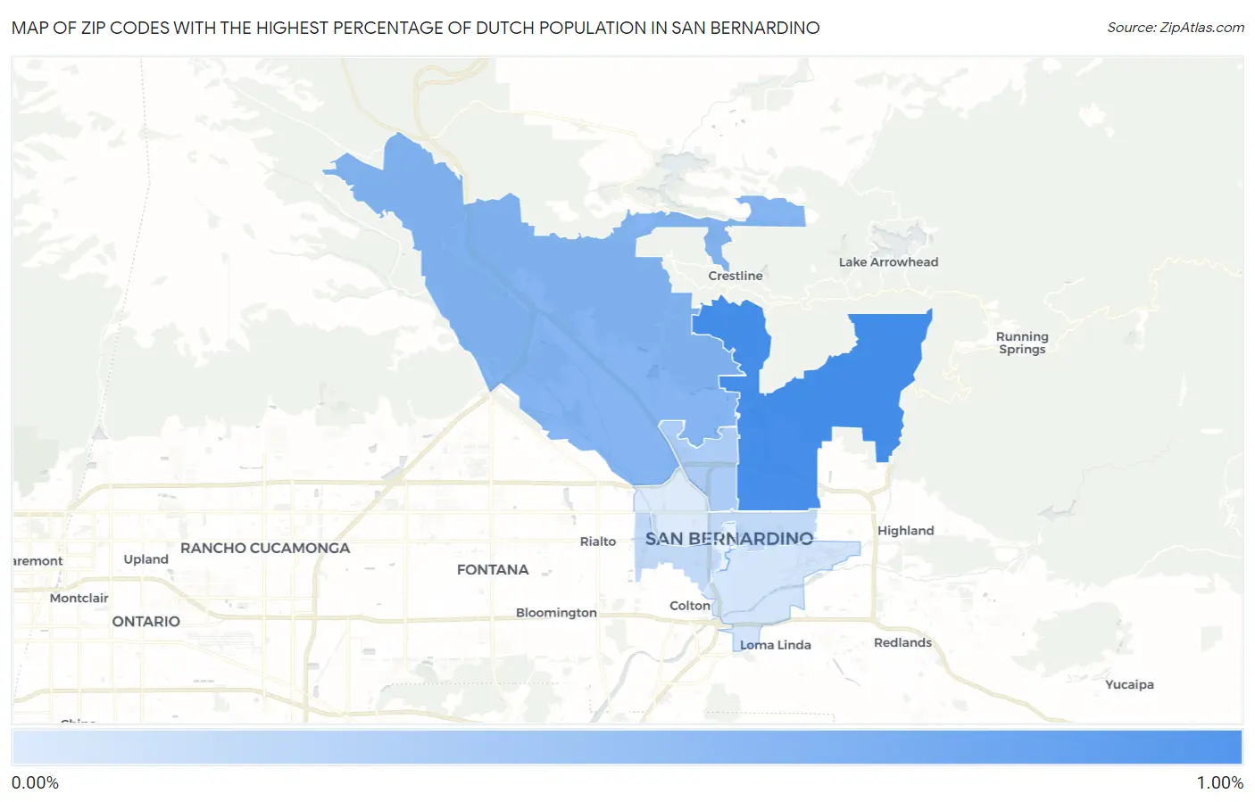 Zip Codes with the Highest Percentage of Dutch Population in San Bernardino Map