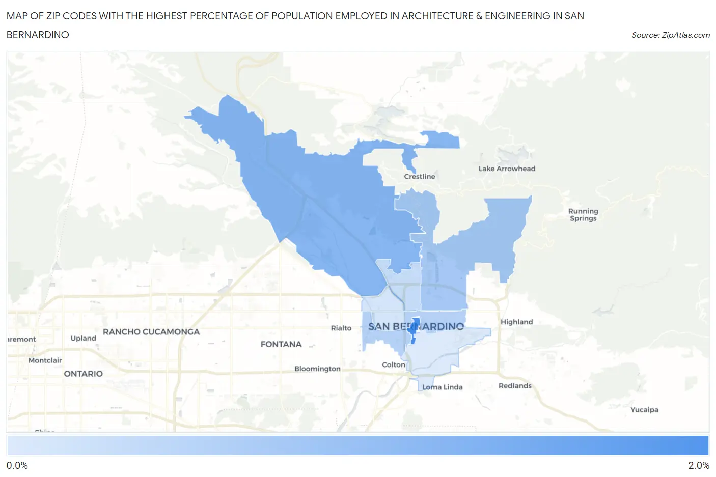 Zip Codes with the Highest Percentage of Population Employed in Architecture & Engineering in San Bernardino Map