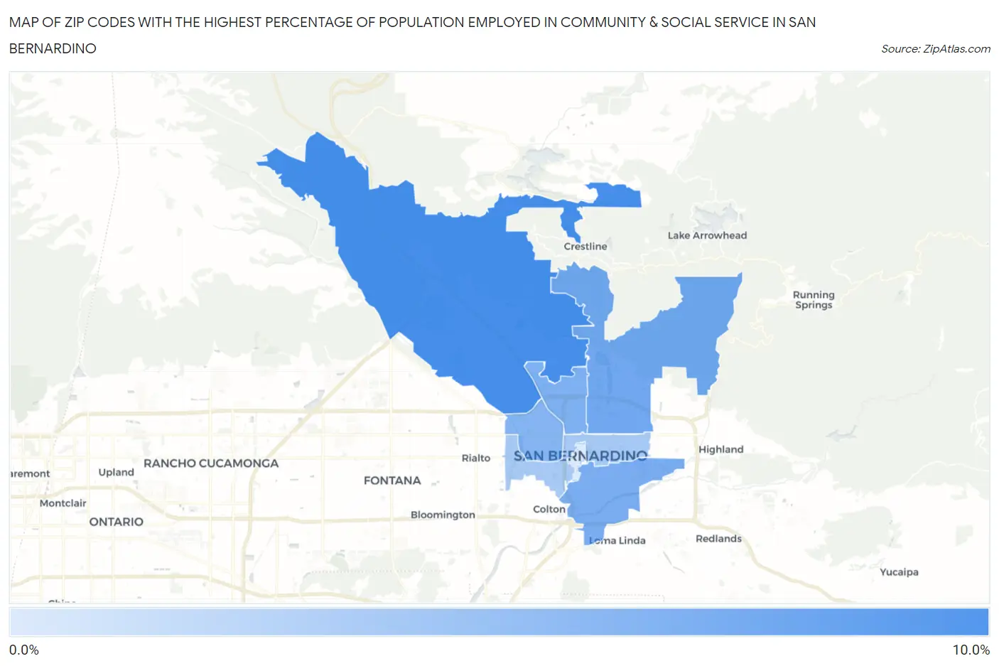 Zip Codes with the Highest Percentage of Population Employed in Community & Social Service  in San Bernardino Map
