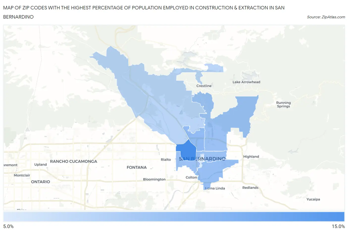 Zip Codes with the Highest Percentage of Population Employed in Construction & Extraction in San Bernardino Map