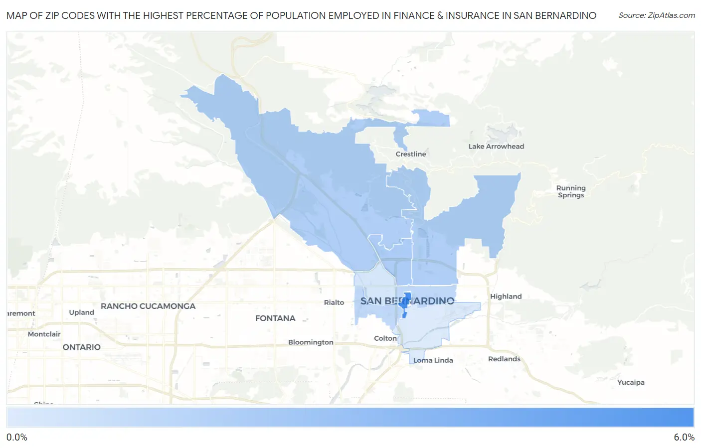 Zip Codes with the Highest Percentage of Population Employed in Finance & Insurance in San Bernardino Map