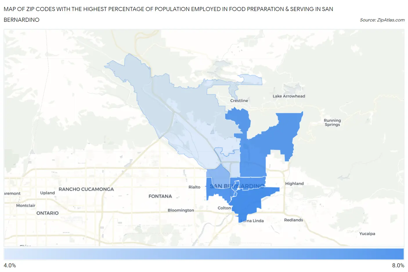 Zip Codes with the Highest Percentage of Population Employed in Food Preparation & Serving in San Bernardino Map