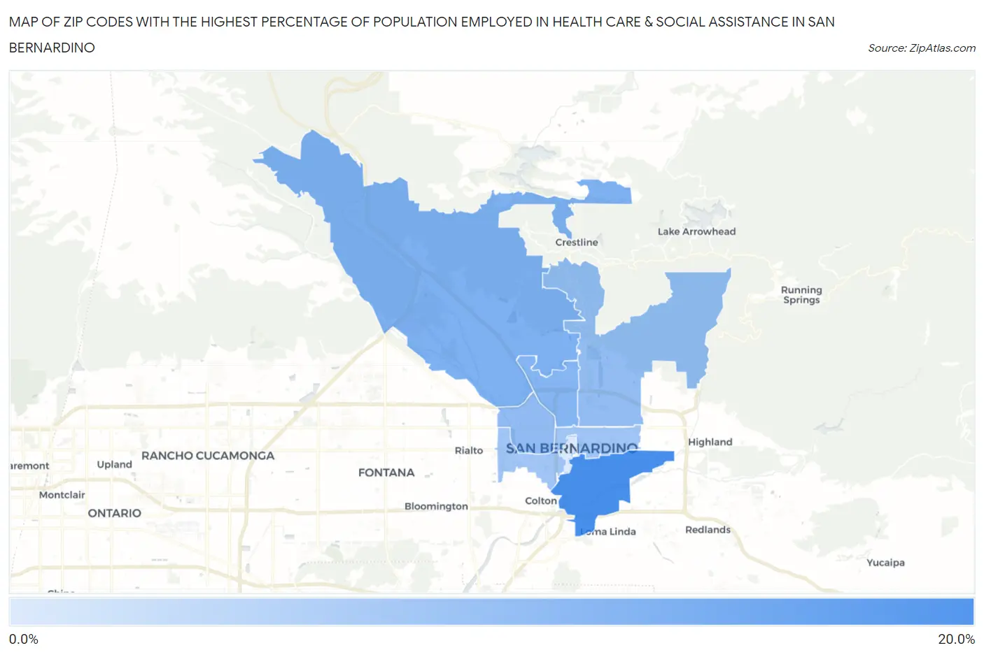 Zip Codes with the Highest Percentage of Population Employed in Health Care & Social Assistance in San Bernardino Map
