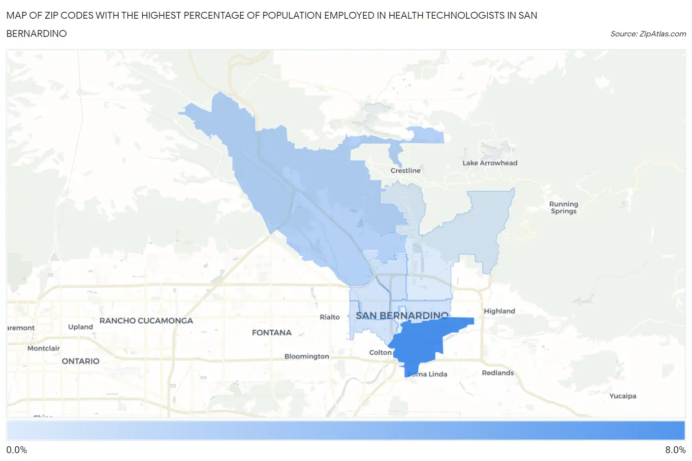 Zip Codes with the Highest Percentage of Population Employed in Health Technologists in San Bernardino Map