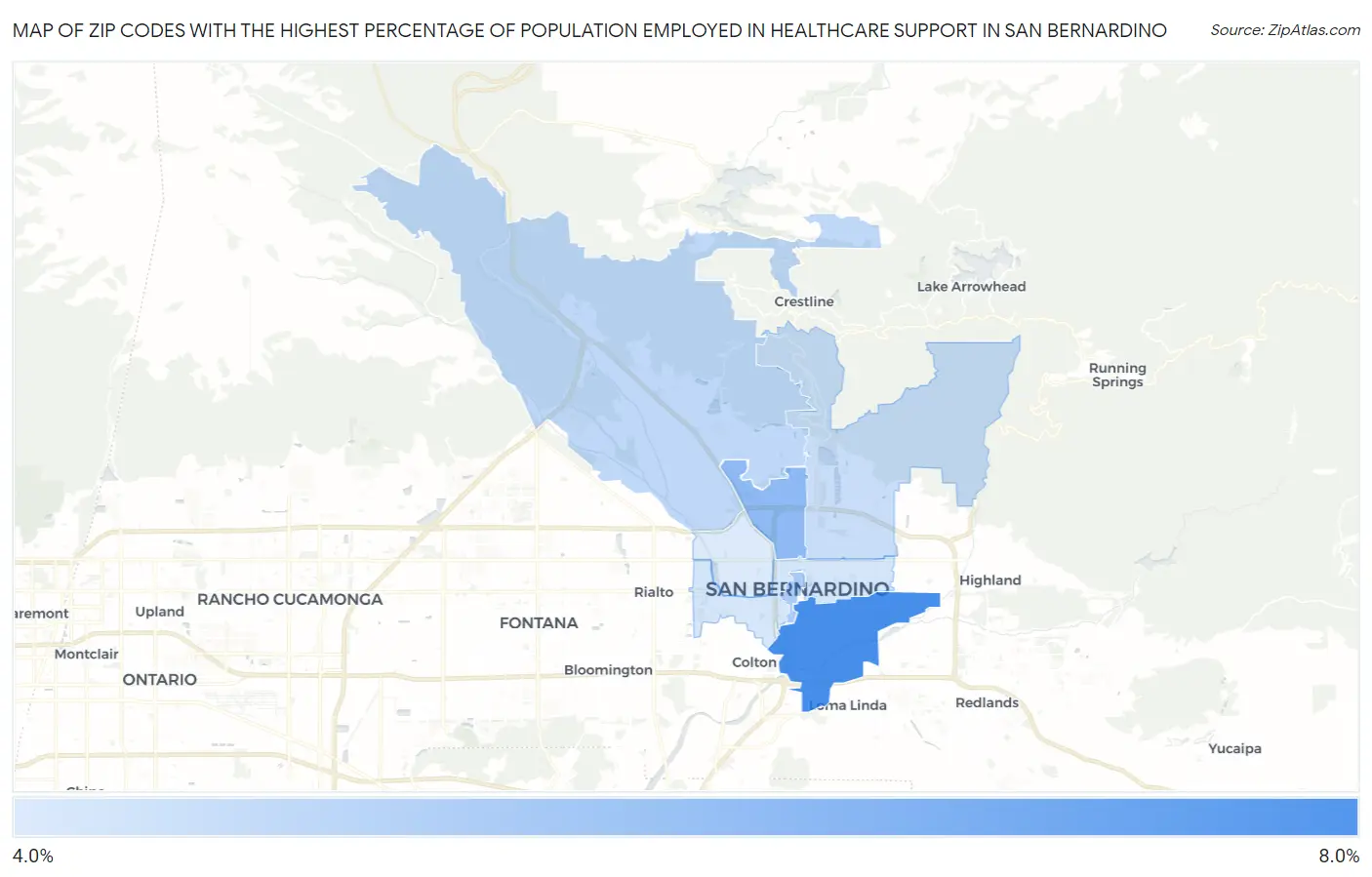 Zip Codes with the Highest Percentage of Population Employed in Healthcare Support in San Bernardino Map