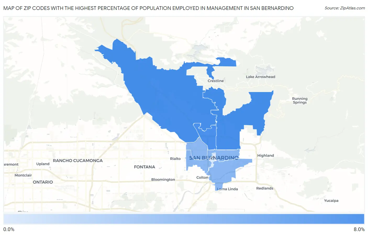 Zip Codes with the Highest Percentage of Population Employed in Management in San Bernardino Map