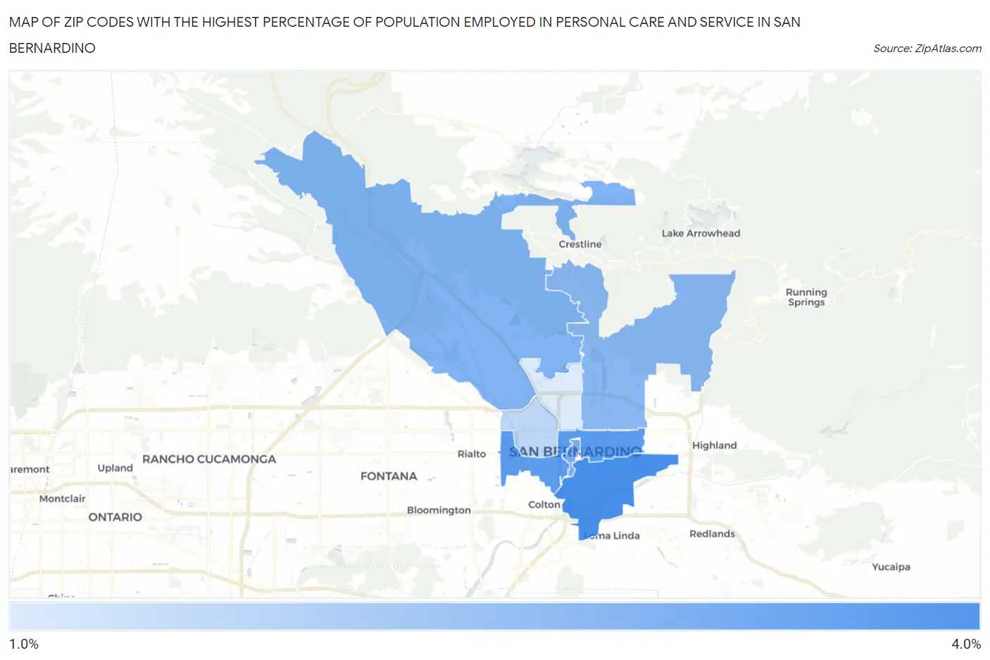 Zip Codes with the Highest Percentage of Population Employed in Personal Care and Service in San Bernardino Map