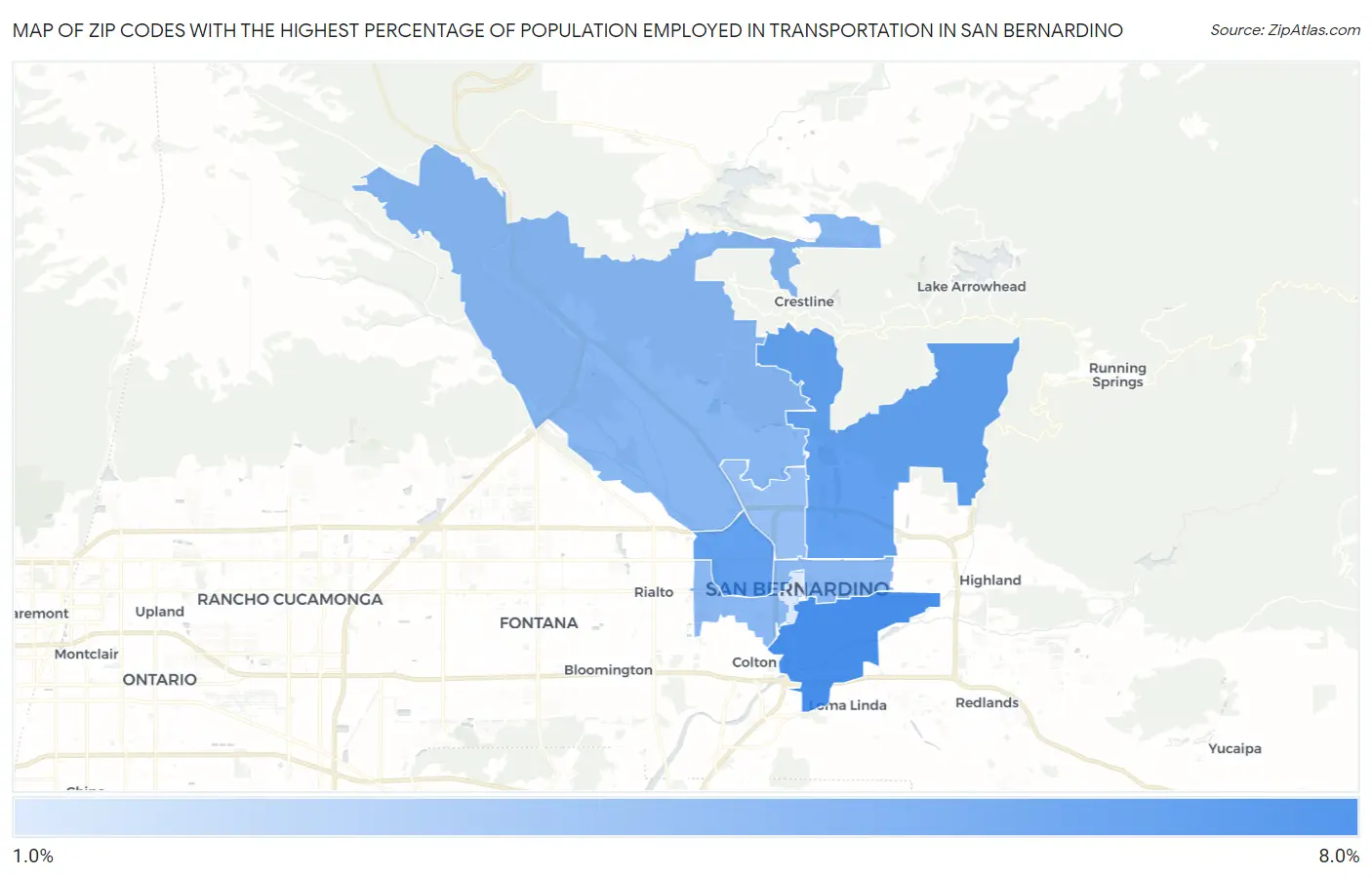Zip Codes with the Highest Percentage of Population Employed in Transportation in San Bernardino Map