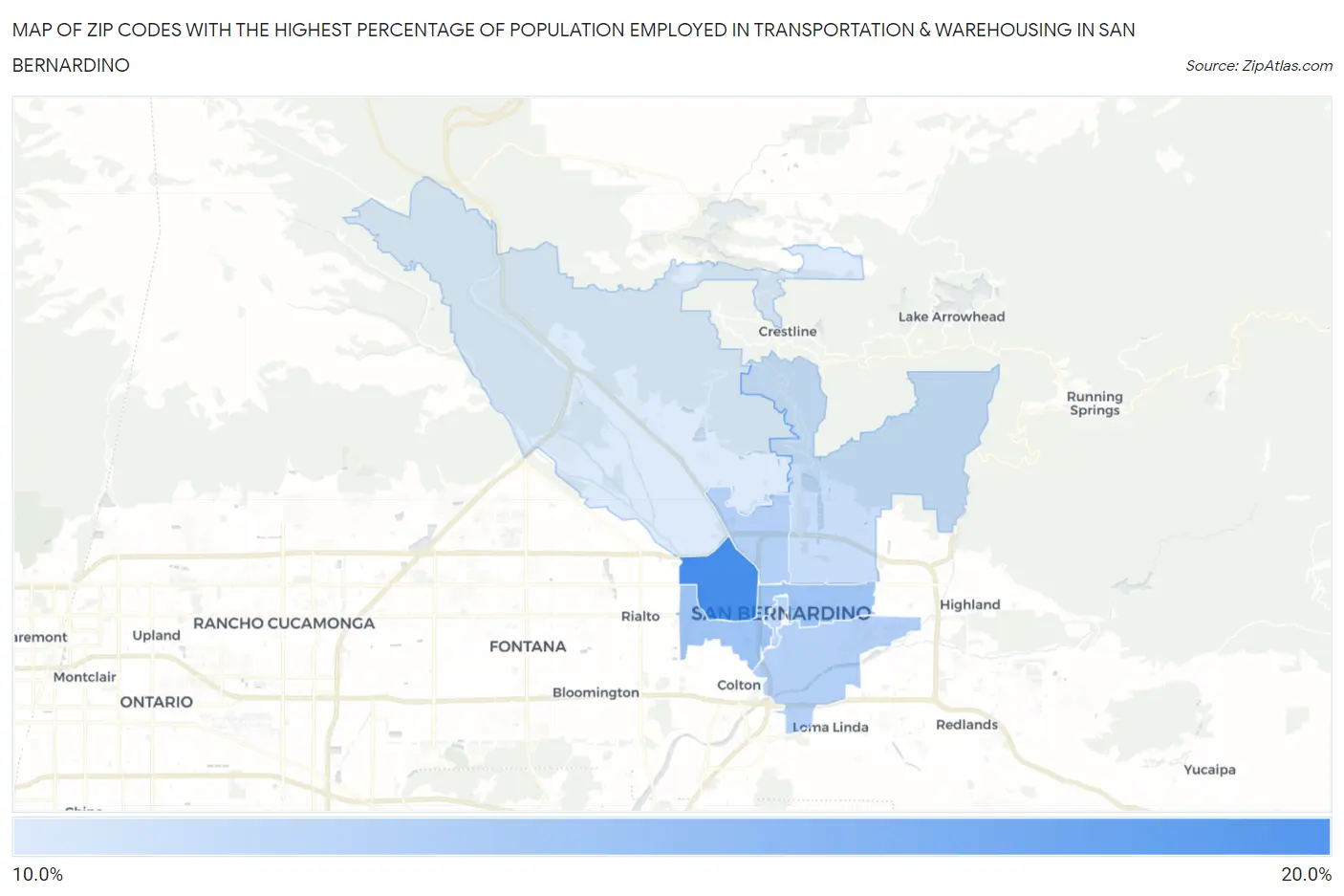 Zip Codes with the Highest Percentage of Population Employed in Transportation & Warehousing in San Bernardino Map