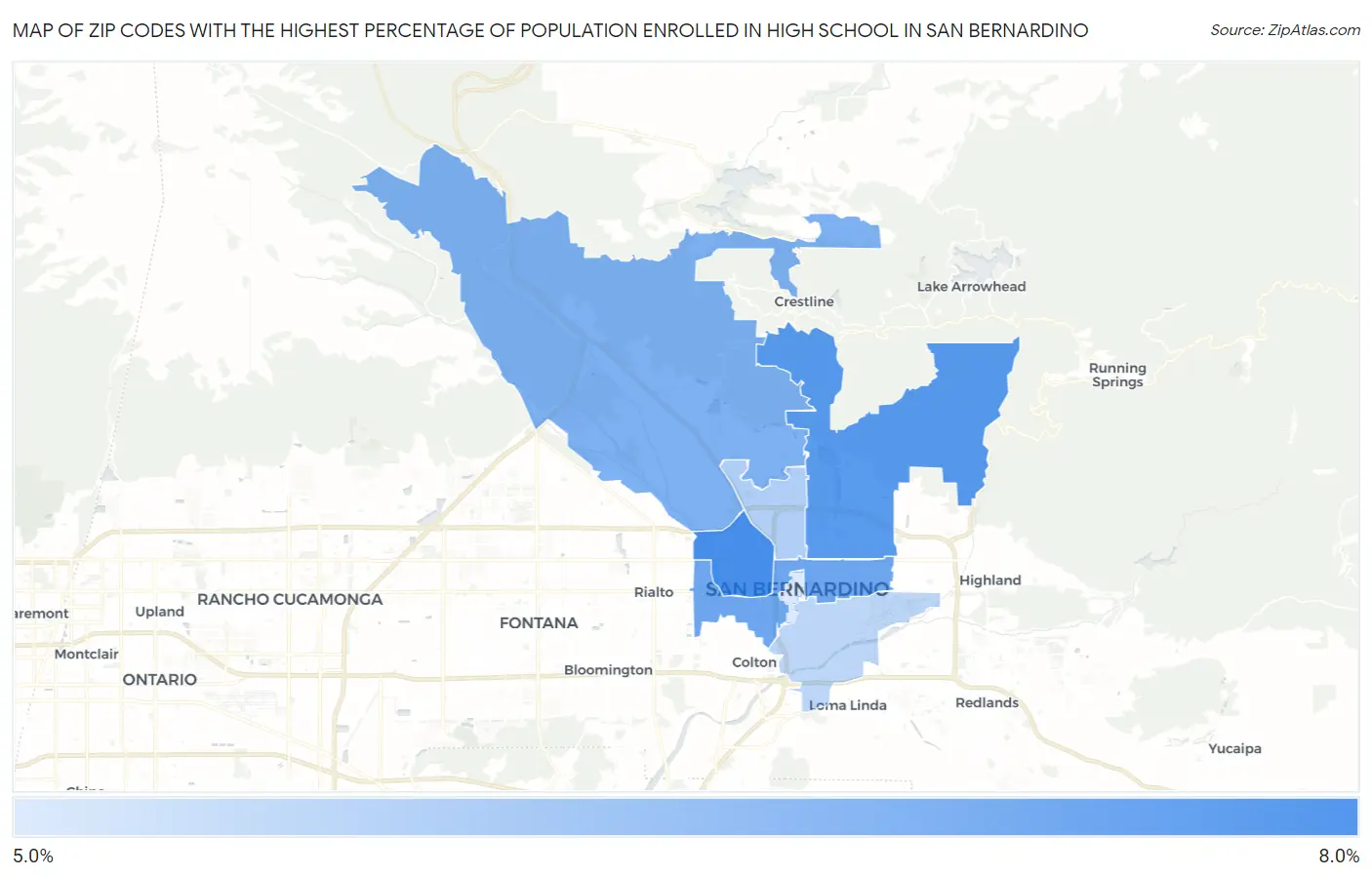 Zip Codes with the Highest Percentage of Population Enrolled in High School in San Bernardino Map