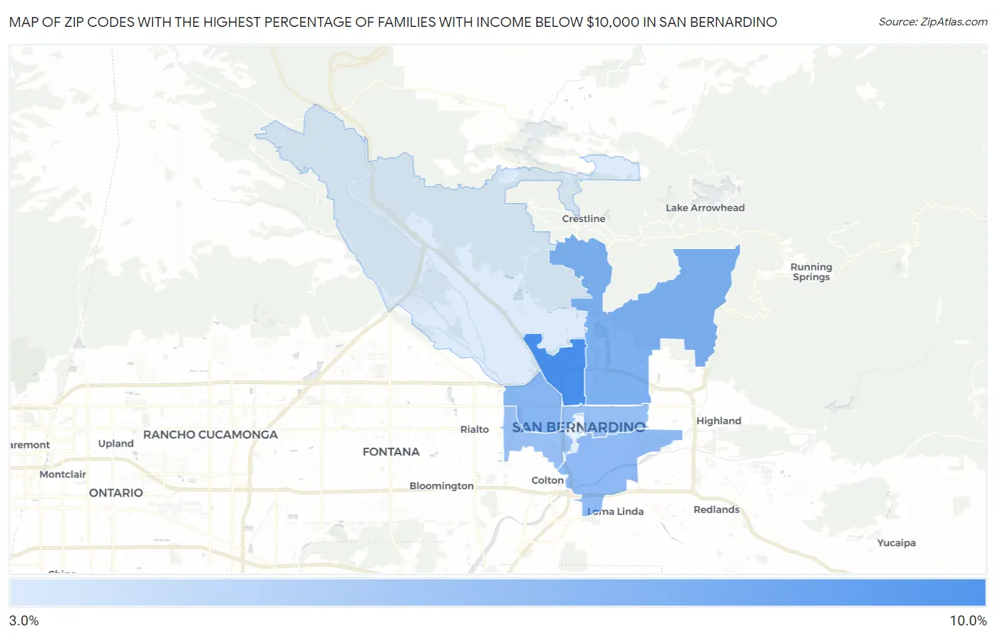 Zip Codes with the Highest Percentage of Families with Income Below $10,000 in San Bernardino Map