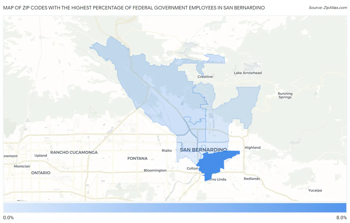 Zip Codes with the Highest Percentage of Federal Government Employees in San Bernardino Map