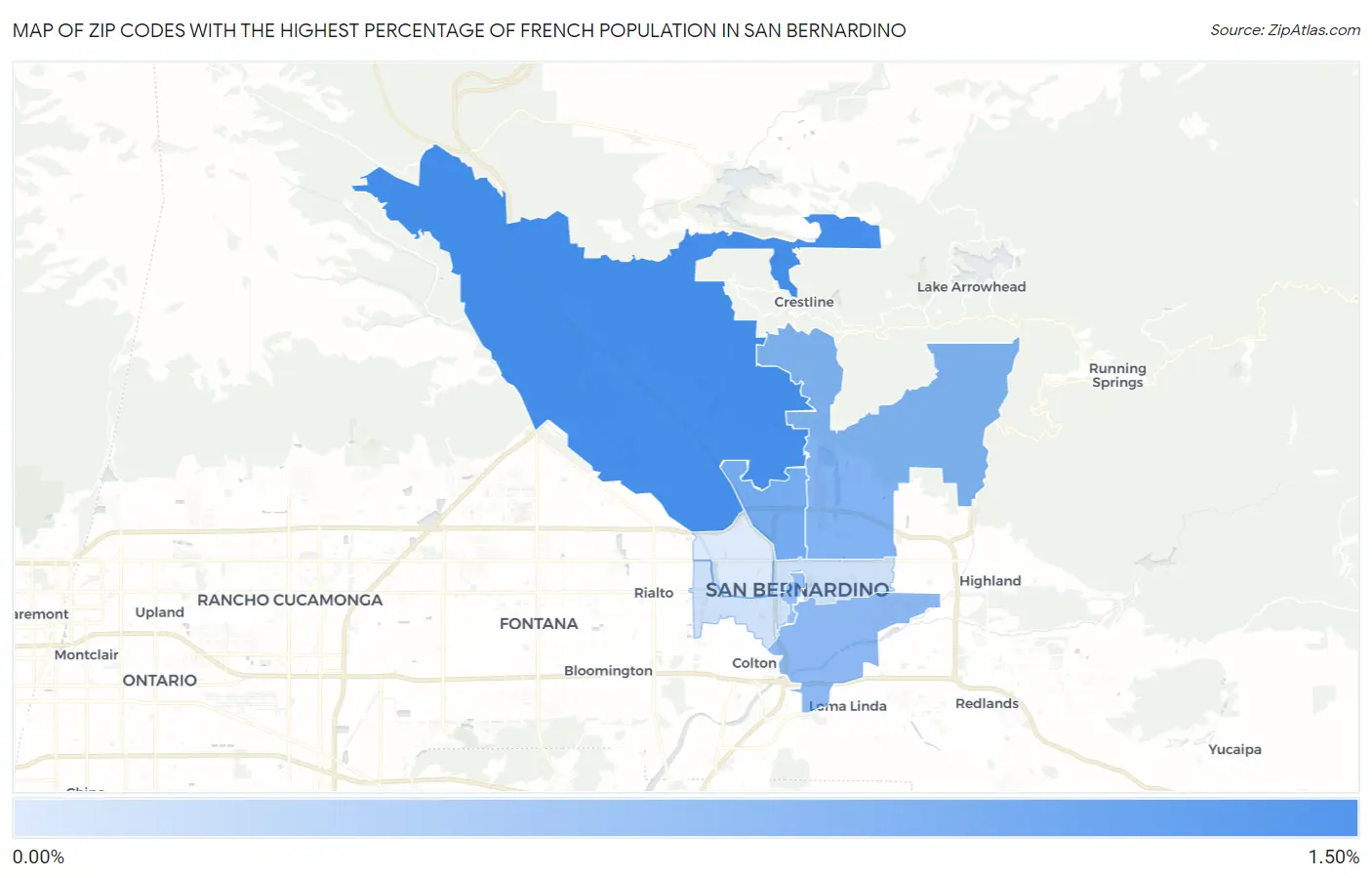 Zip Codes with the Highest Percentage of French Population in San Bernardino Map