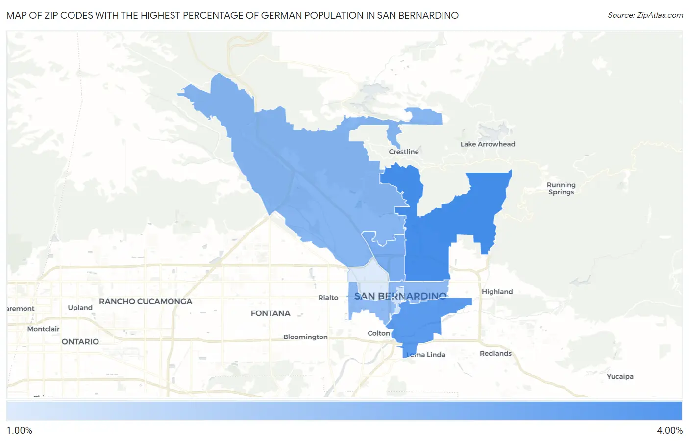 Zip Codes with the Highest Percentage of German Population in San Bernardino Map