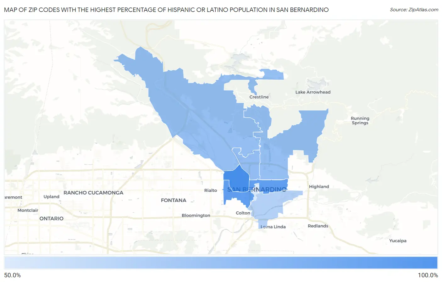 Zip Codes with the Highest Percentage of Hispanic or Latino Population in San Bernardino Map