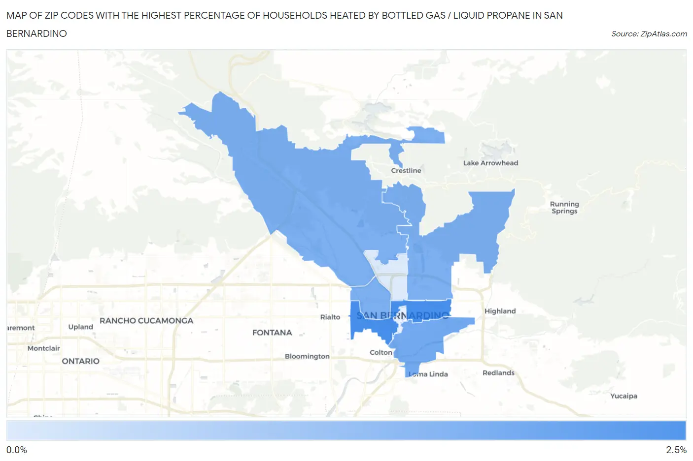 Zip Codes with the Highest Percentage of Households Heated by Bottled Gas / Liquid Propane in San Bernardino Map