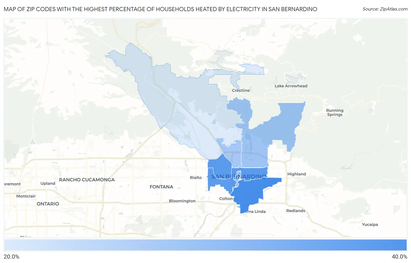 Zip Codes with the Highest Percentage of Households Heated by Electricity in San Bernardino Map