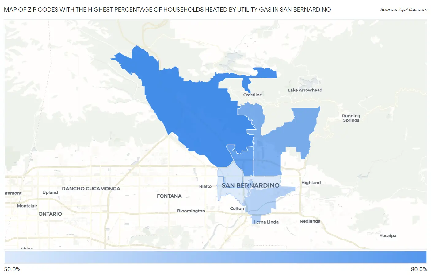 Zip Codes with the Highest Percentage of Households Heated by Utility Gas in San Bernardino Map