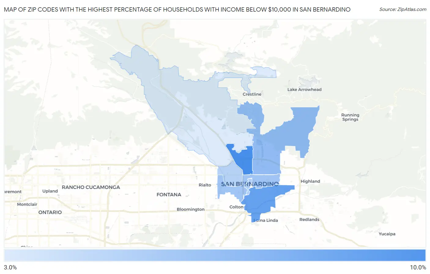 Zip Codes with the Highest Percentage of Households with Income Below $10,000 in San Bernardino Map