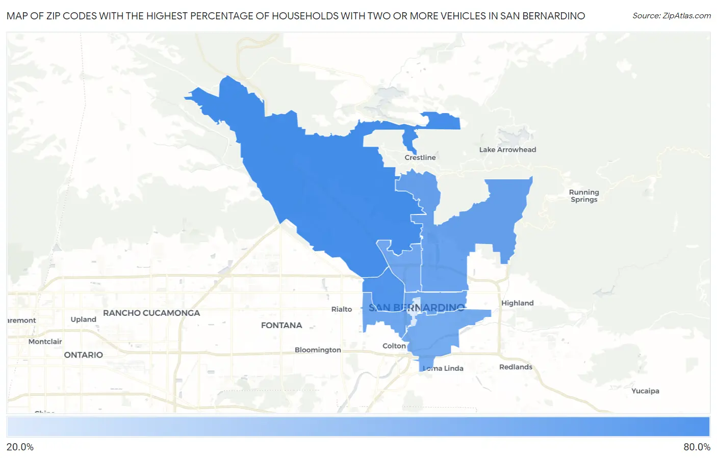 Zip Codes with the Highest Percentage of Households With Two or more Vehicles in San Bernardino Map