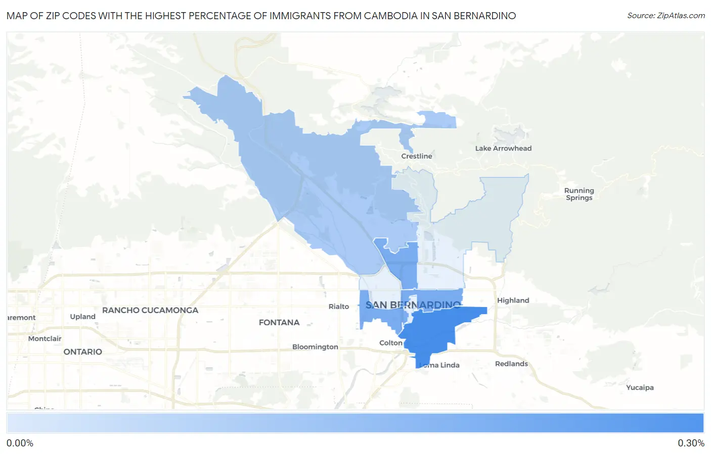Zip Codes with the Highest Percentage of Immigrants from Cambodia in San Bernardino Map