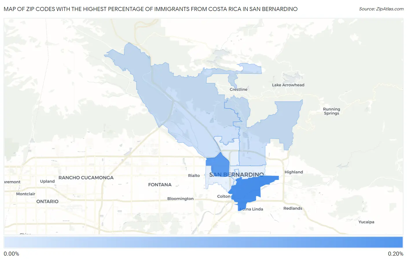 Zip Codes with the Highest Percentage of Immigrants from Costa Rica in San Bernardino Map