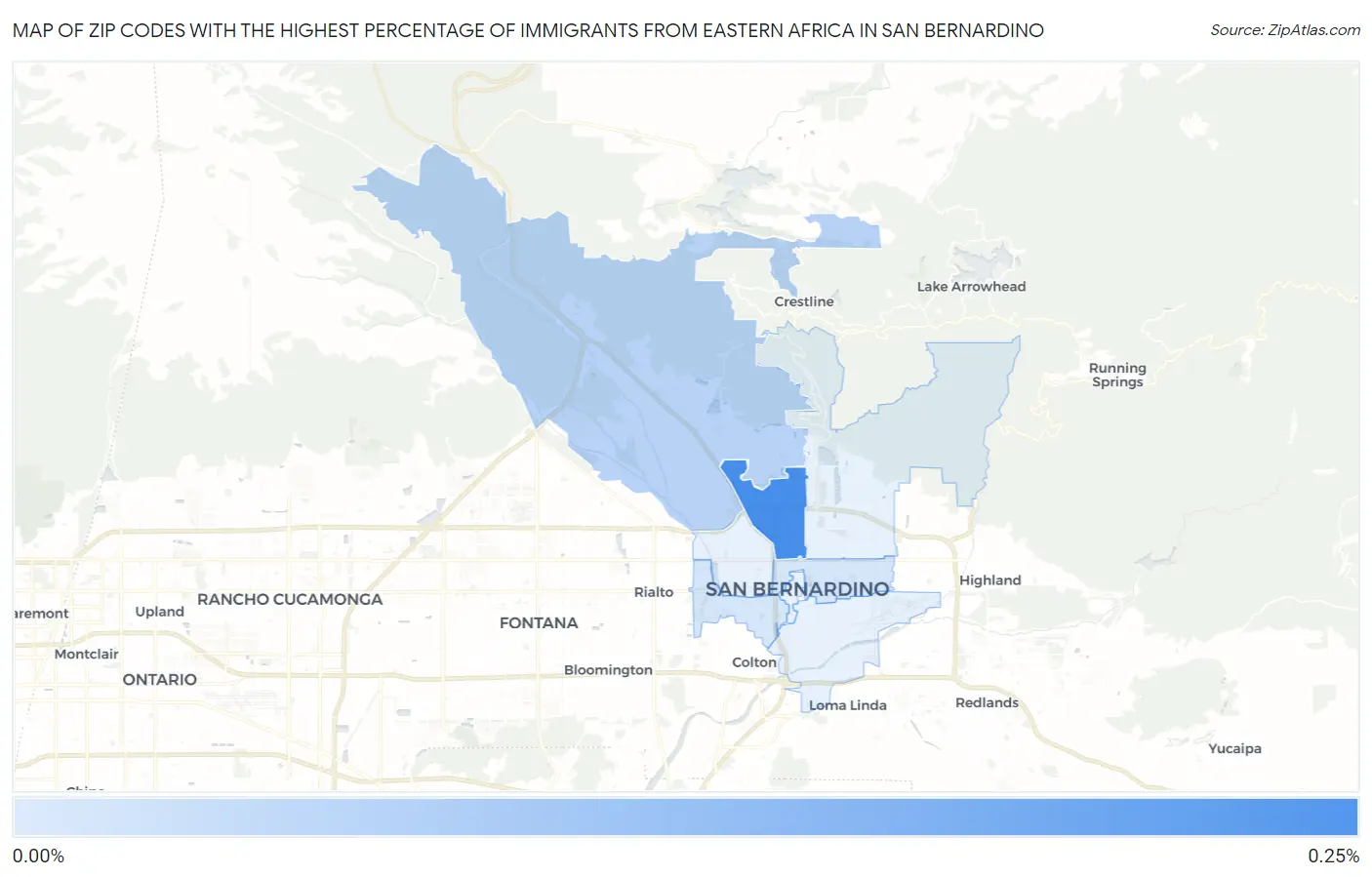 Zip Codes with the Highest Percentage of Immigrants from Eastern Africa in San Bernardino Map