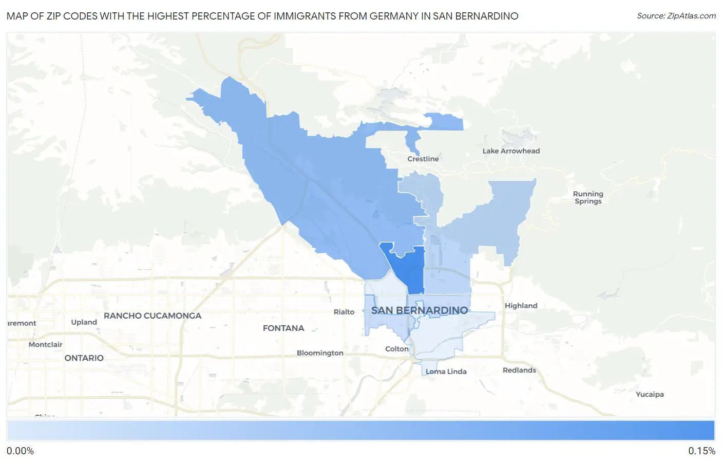 Zip Codes with the Highest Percentage of Immigrants from Germany in San Bernardino Map