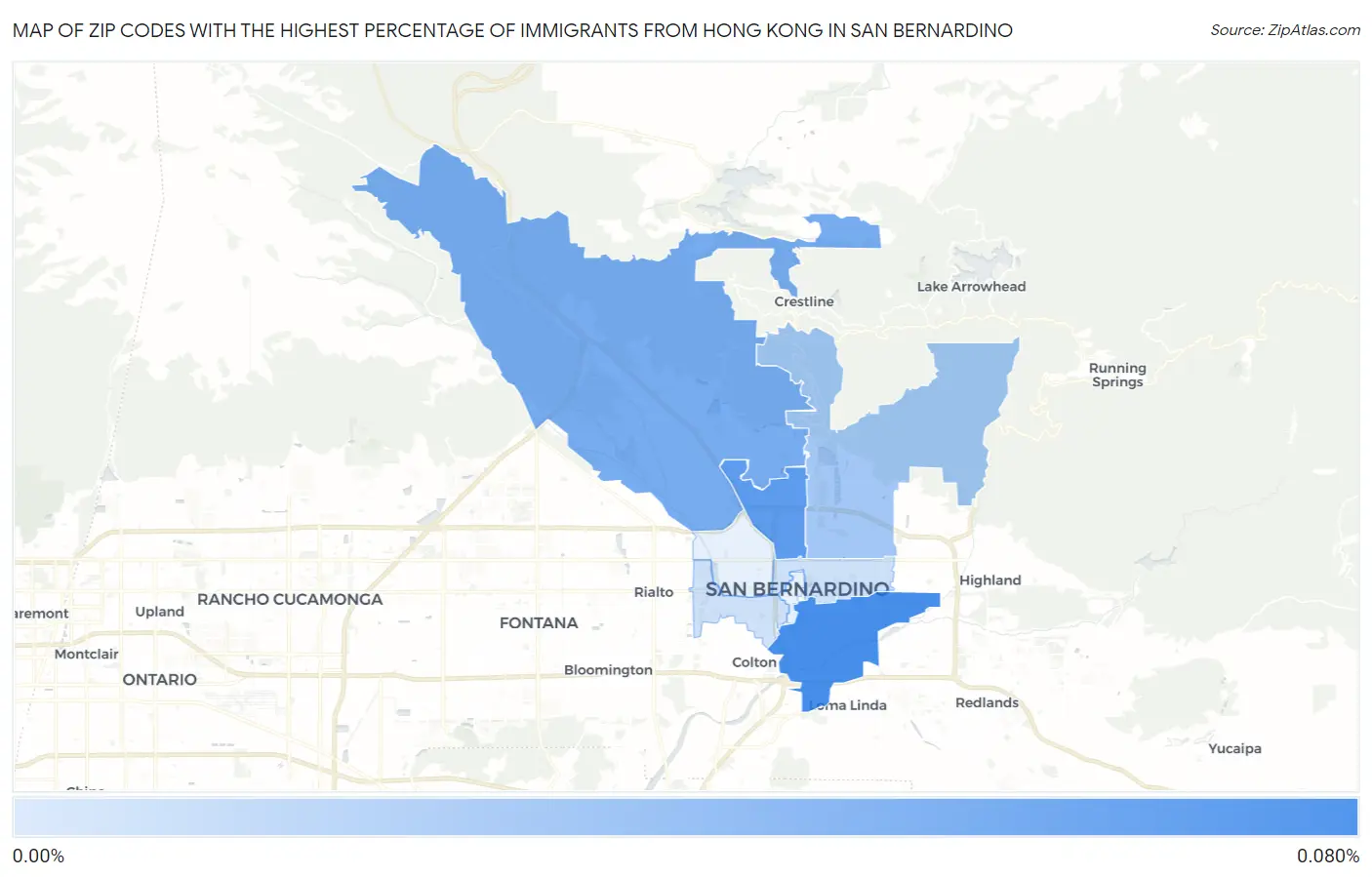 Zip Codes with the Highest Percentage of Immigrants from Hong Kong in San Bernardino Map