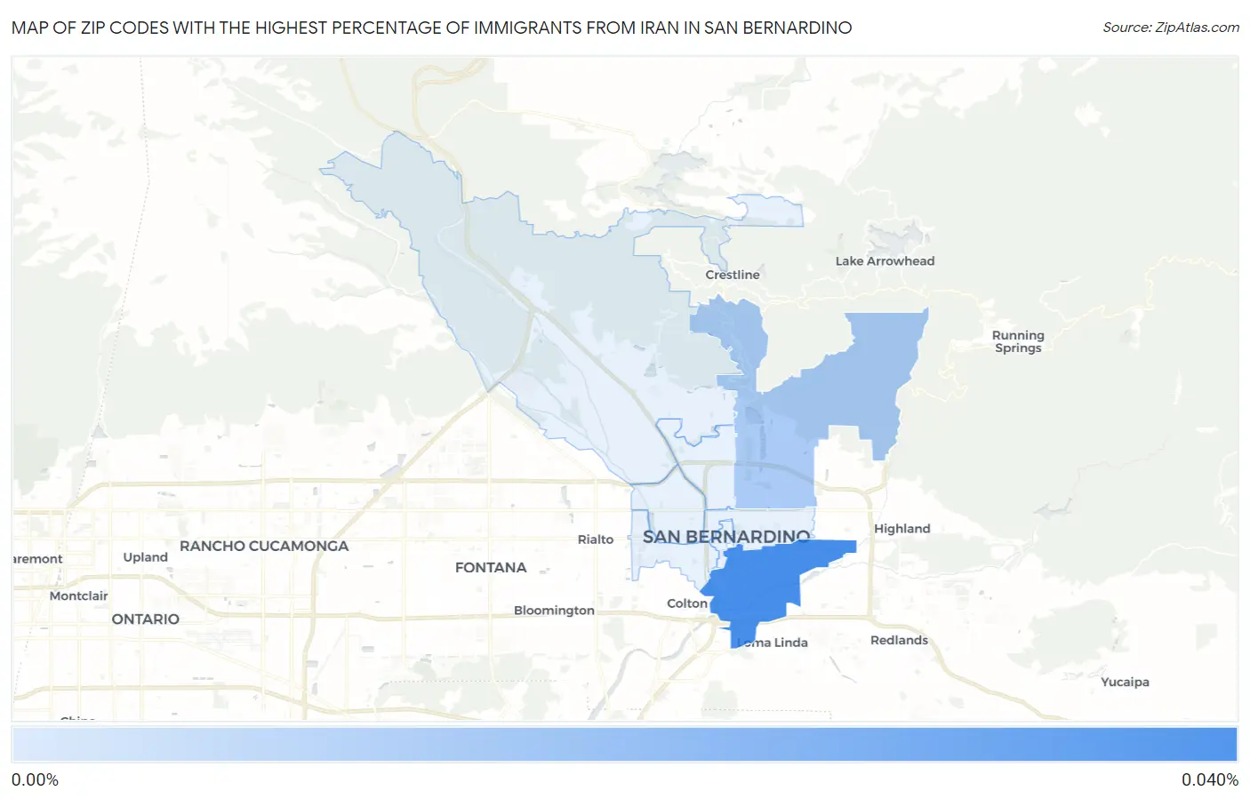 Zip Codes with the Highest Percentage of Immigrants from Iran in San Bernardino Map