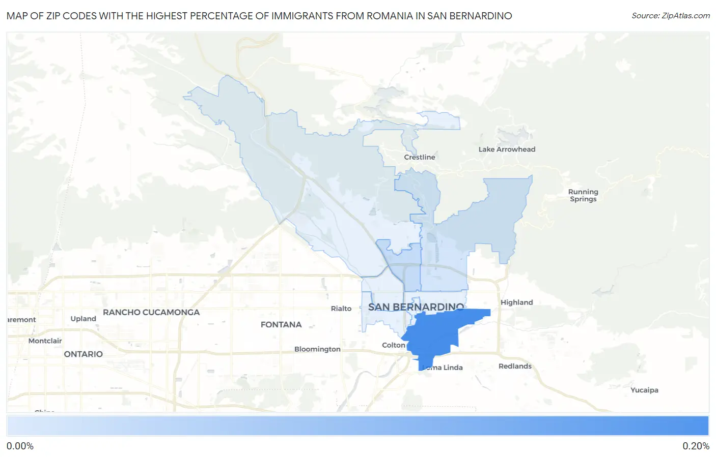 Zip Codes with the Highest Percentage of Immigrants from Romania in San Bernardino Map