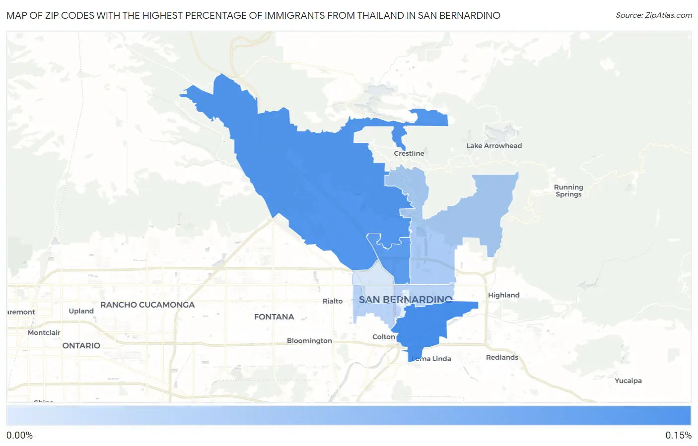 Zip Codes with the Highest Percentage of Immigrants from Thailand in San Bernardino Map