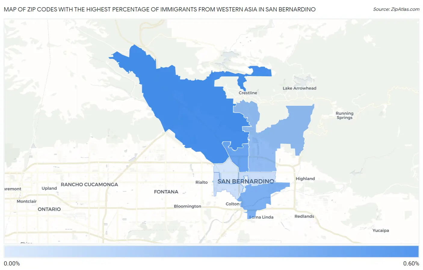 Zip Codes with the Highest Percentage of Immigrants from Western Asia in San Bernardino Map