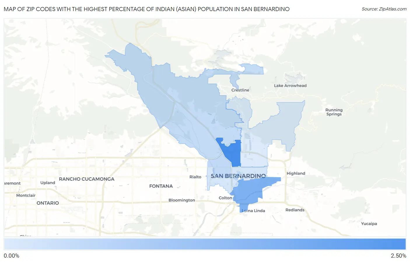 Zip Codes with the Highest Percentage of Indian (Asian) Population in San Bernardino Map
