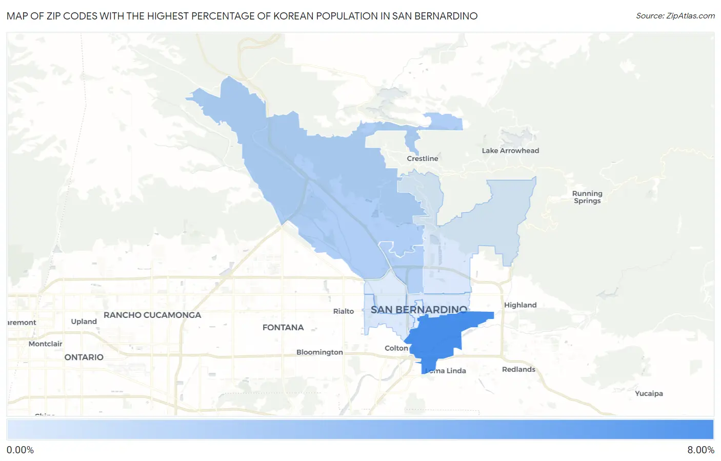 Zip Codes with the Highest Percentage of Korean Population in San Bernardino Map
